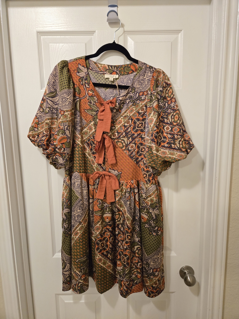easel Patchwork Tie-Front Mini Dress in Rust and Olive